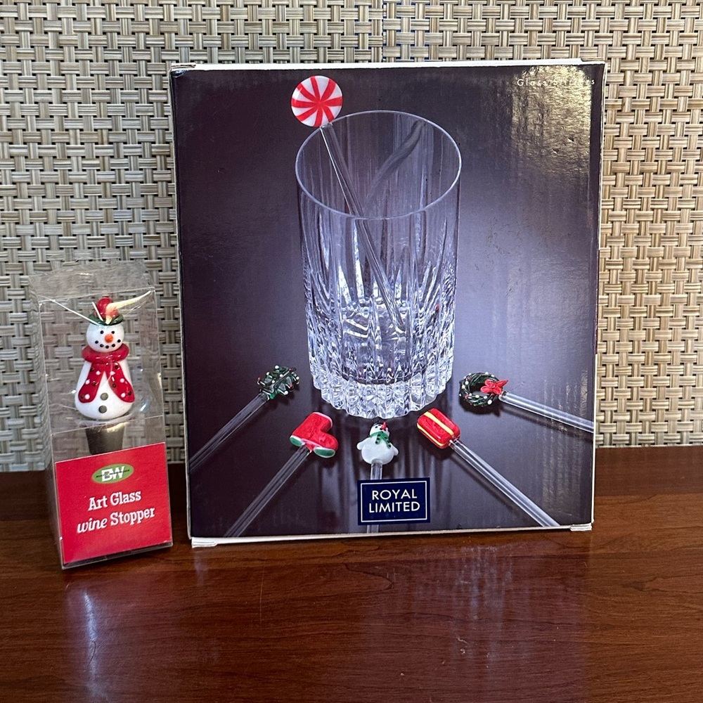 🎄🌟HP🌟NIB Christmas Art Glass Stirrers & Snowman Wine Stopper Bundle